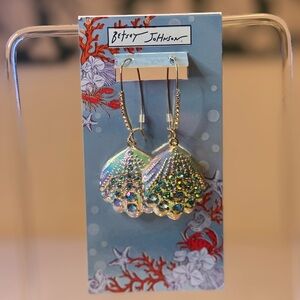 Betsey Johnson Iridescent Shell Drop Earrings with Green & Purple Rhinestones